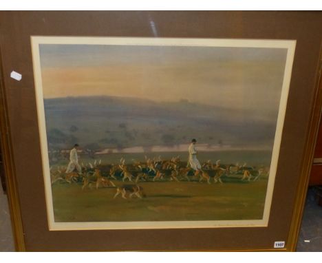 AFTER SIR ALFRED MUNNINGS  (1878-1959)  THE  BELVOIR HOUNDS EXERCISING IN THE PARK, COLOUR PRINT.   55 x 64cms.