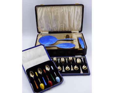 A CASED SET OF TWELVE SILVER AND FLORAL MOTIF ENAMELLED SPOONS 1972 BIRMINGHAM, S J ROSE & SON, A CASED SET OF 6 ENAMEL AND S