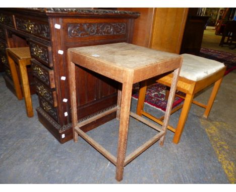 AN ART DECO CANE TOP DRESSING STOOL TOGETHER WITH AN UPHOLSTERED EXAMPLE AND A SIMILAR OAK OCCASIONAL TABLE.   (3)