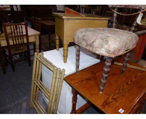 AN EARLY 19th.C.PAINT DECORATED COMMODE WITH FAUX BAMBOO LEGS TOGETHER WITH A SIMILAR TOWEL RAIL AND A NURSING CHAIR.   (3)