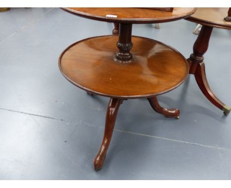 A 19th.C.MAHOGANY TWO TIER DUMB WAITER WITH TILT TOP ON TRIPOD SUPPORT.