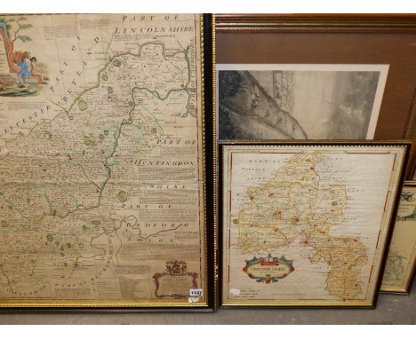 A LATE 18th/EARLY 19th.C. HAND COLOURED FOLIO MAP OF NORTHAMPTONSHIRE BY EMANUEL BOWEN.   70 x 53cms, A MAP OF OXFORDSHIRE BY