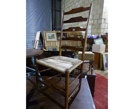 A GOOD 19th.C.RUSH SEAT ASH CLISSET CHAIR WITH GRADUATED FIVE TIER LADDER BACK.