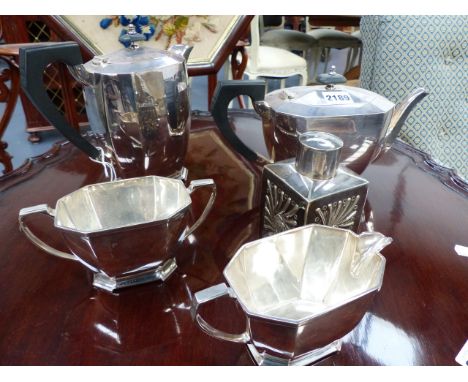 A SILVER PLATED ART DECO FOUR PIECE TEA SET AND A SMALL CADDY.