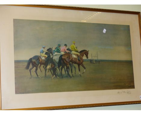 AFTER SIR ALFRED MUNNINGS.  (1878-1959)  OCTOBER MEETING, PENCIL SIGNED, COLOUR PRINT.   55 x 87cms.