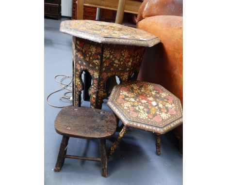 A KASHMIRI OCTAGONAL  TOP STAND WITH OVERALL FLORAL DECORATION.   D.50 H.54cms, A SIMILAR SMALL TRIPOD STAND AND A SMALL RUST