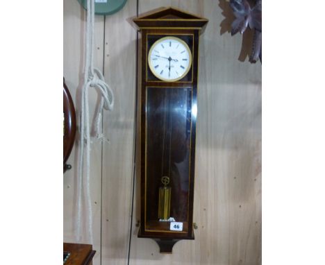 A FINE SMALL SINGLE WEIGHT REGULATOR WALL CLOCK IN MAHOGANY AND BOX STRUNG CASE WITH GILT BRASS BEZEL AND WHITE ENAMEL DIAL S
