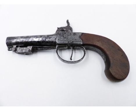 A 19TH CENTURY PERCUSSION POCKET PISTOL BY MORTIMER, LONDON WITH SPRING OPERATED SPIKE BAYONET BELOW THE BARREL.