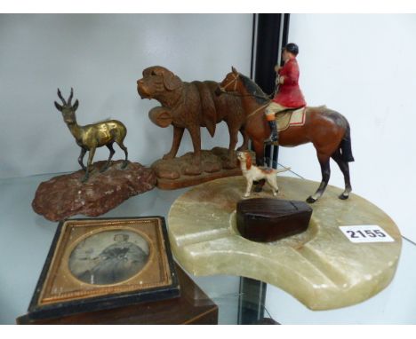 A BLACK FOREST CARVED ST. BERNARD DOG, A COFFIN FORM SNUFF BOX,ETC.