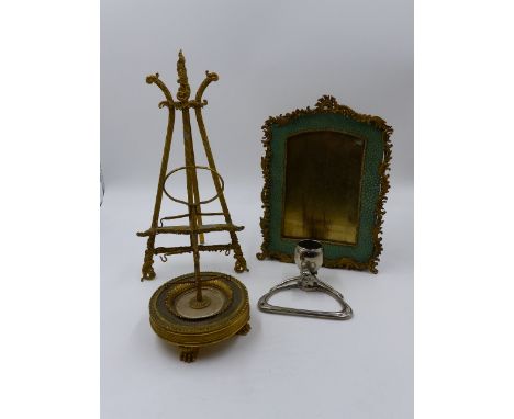 A FRENCH EMPIRE ORMOLU AND MARBLE RING STAND, AN ORMOLU MOUNTED SHAGREEN EASEL BACK PHOTO FRAME, A MINIATURE EASEL AND AN ART