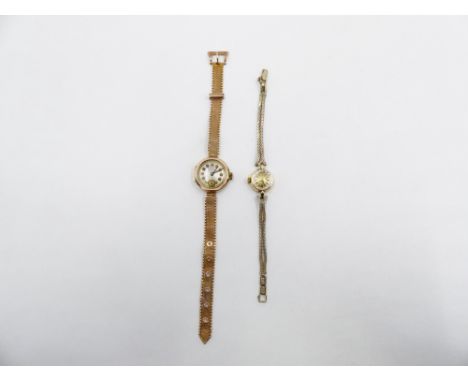 A 9ct GOLD LADIES MANUAL WOUND BRACELET WATCH APPROXIMATE WEIGHT 22.4grms,  TOGETHER WITH A LADIES MANUAL WOUND OMEGA COCKTAI