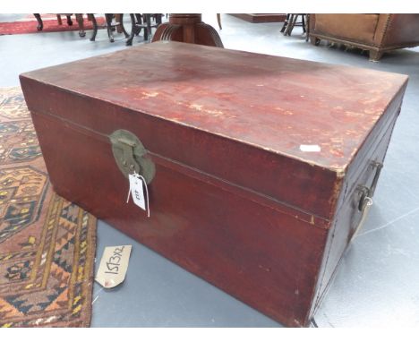 A CHINESE EXPORT PARCHMENT COVERED TRAVELLING TRUNK WITH METAL CARRYING HANDLES AND LOCKPLATES.   W.74cms.