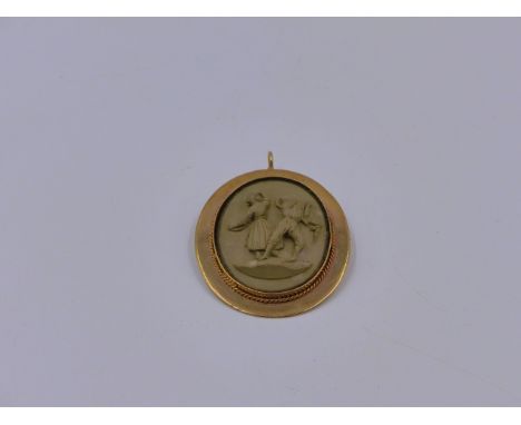 A VICTORIAN RAISED RELIEF LAVA CAMEO OF A FIGURAL SCENE SET IN A 9ct. STAMPED BROOCH AND PENDANT MOUNT. APPROXIMATE MEASUREME