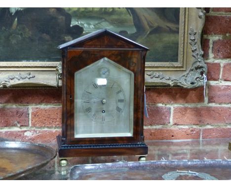 A LATE GEORGIAN MAHOGANY AND EBONY INLAID BRACKET CLOCK. PLAIN SILVERED DIAL WITH ROMAN NUMERALS AND SLOW/FAST DIAL SIGNED VU