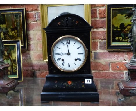A VICTORIAN EBONISED MANTLE CUCKOO CLOCK WITH TWIN FUSEE MOVEMENT AND WHITE ENAMEL DIAL. H.45cms.lacking pendulum.