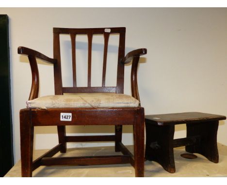 A 19th.C.MAHOGANY CHILD'S OR DOLL'S ARMCHAIR TOGETHER WITH A SMALL COUNTRY STOOL.