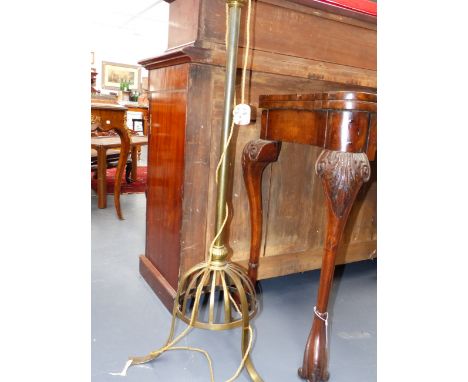 TWO VINTAGE ADJUSTABLE LATE VICTORIAN FLOOR LAMPS, AN ART NOUVEAU WROUGHT IRON EXAMPLE AND ANOTHER IN BRASS.