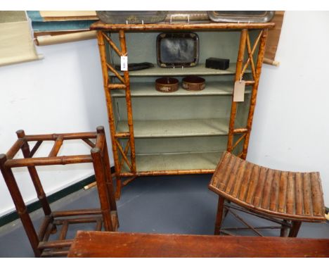 THREE PIECES OF EDWARDIAN BAMBOO FURNITURE, A BOOKCASE, STICKSTAND AND A STOOL.