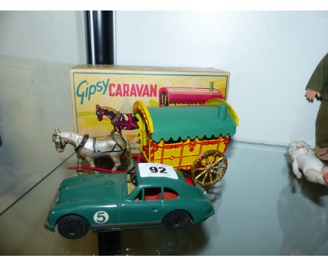 A MORESTONE DIE CAST GYPSY CARAVAN COMPLETE WITH CARD BOX, HORSE AND DRIVER TOGETHER WITH A TINPLATE MINIMODELS LTD. ASTON MA