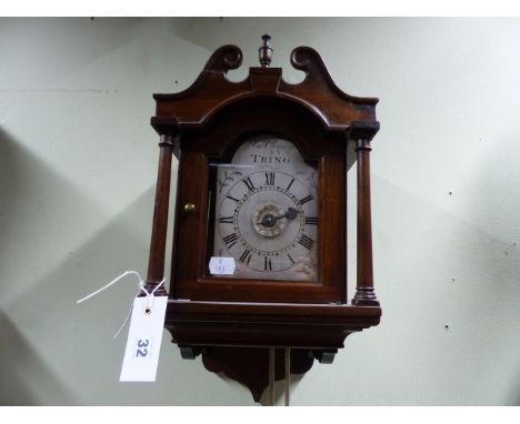 AN 18th.C.HOODED BRACKET WALL CLOCK WITH ALARM 4.5". ARCHED SILVERED DIAL SIGNED JNO.CLEMENT,TRING WITH ASSOCIATED BRACKET AN