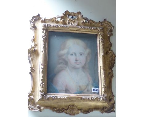 18th.C.CONTINENTAL SCHOOL.  PORTRAIT OF A CHILD HOLDING A DOVE, PASTEL, IN CARVED GILTWOOD FRAME.   32 x 26cms.