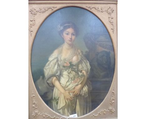 19th.C.CONTINENTAL SCHOOL.  AN OVAL PORTRAIT OF A YOUNG LADY BY CLASSICAL STATUARY.  SIGNED AND INSCRIBED AFTER GREUZE, OIL O