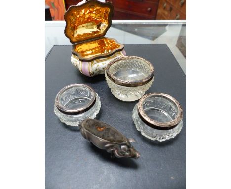 A SILVER PIG FORM PIN CUSHION, THREE SILVER SALTS AND A PORCELAIN TRINKET BOX.