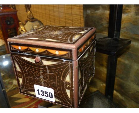 A CONTINENTAL 19th.C.TEA CADDY OF MOORISH REVIVAL STYLE, MOTHER OF PEARL INLAY WITH WIREWORK DESIGNS.   H.9.5cms.
