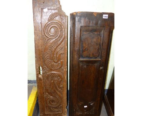 TWO ANTIQUE CARVED WOOD ARCHITECTURAL PANELS, ONE OF DRAGONS   22 x 100, THE OTHER OF A GOTHIC NICHE.   30 x 92cms.