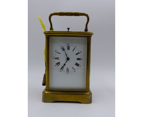 A LARGE 19th.C.GRAND SONNERIE STRIKE-REPEAT CARRIAGE CLOCK, UNSIGNED WHITE ENAMEL DIAL.   (INCLUDING HANDLE) H.18cms.