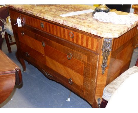A FRENCH LOUIS XVI STYLE INLAID MARBLE TOP COMMODE, THREE LONG DRAWERS WITH ORMOLU MOUNTS.