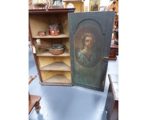 A 19th.C.OAK WALL HANGING CORNER CABINET THE INTERIOR WITH PAINTED PORTRAIT STUDY OF A YOUNG GIRL.