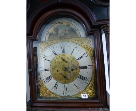 A GOOD 19th.C. MAHOGANY CASED 8 DAY LONG CASE CLOCK WITH 13" ARCH BRASS DIAL, SUBSIDIARY MOON PHASE, DATE AND SECONDS. SILVER