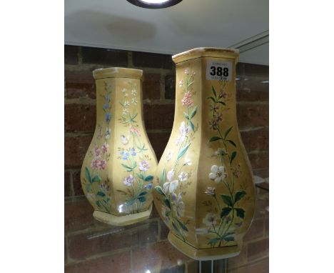 A PAIR OF ANTIQUE CONTINENTAL HEXAGONAL BALUSTER FORM OPANLINE VASES, ENAMEL POLYCHROME FLORAL DECORATION WITH GILT ACCENTS. 