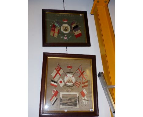 TWO WORLD WAR I COMMEMORATIVE NEEDLEWORK PANELS BOTH DECORATED WITH FLAGS SURROUNDING PORTRAIT PHOTOGRAPHS.   LARGEST 58 x 51