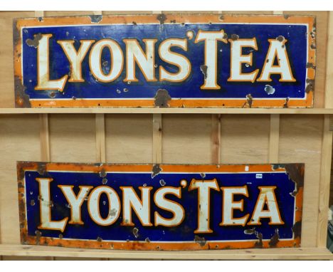A PAIR OF LARGE LYONS TEA ENAMEL SIGNS.   46 x 151cms.