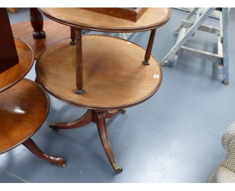 A 19th.C.MAHOGANY TWO TIER DUMB WAITER ON TRIPOD SUPPORT WITH BRASS CASTORS.