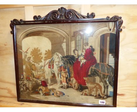 A VICTORIAN FINE NEEDLEPONT PANEL OF THE HUNTING PARTY IN CARVED  ROSEWOOD FRAME, OVERALL   50 x 56cms.