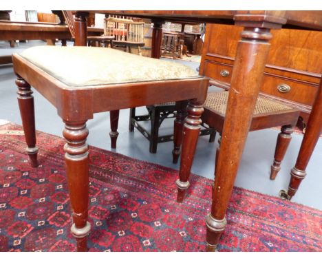 TWO 19th.C.MAHOGANY GILLOWS STYLE STOOLS AND A SMALL CANE SEAT CHIPPENDALE STYLE STOOL.   (3)