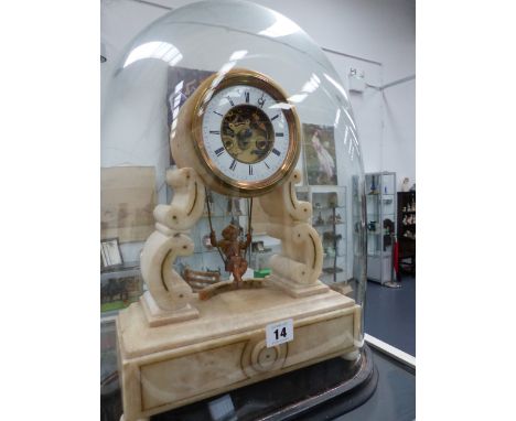 A VICTORIAN WHITE METAL MANTLE CLOCK WITH CHERUB SWING PENDULUM, WHITE ENAMEL CHAPTER RING WITH VISIBLE MOVEMENT STRIKING ON 