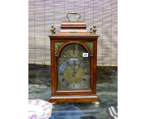 A GOOD 19th.C.SATINWOOD BRACKET OR TABLE CLOCK. PAGODA TOP CASE WITH PAINT DECORATION, BRASS ARCH DIAL WITH STRIKE SILENT SEL
