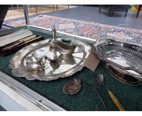 A PAIR OF CASED HALLMARKED PICKLE FORKS, A WHITE METAL TRAY, A SILVER SIFTER, A CADDY SPOON, ETC. 