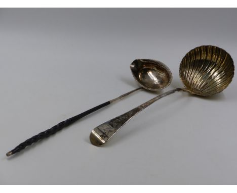 A SILVER HALLMARKED SOUP LADLE 1763 LONDON, APPROXIMATE WEIGHT 5.9ozs, TOGETHER WITH A FURTHER SILVER TODDY LADLE WITH A BALE