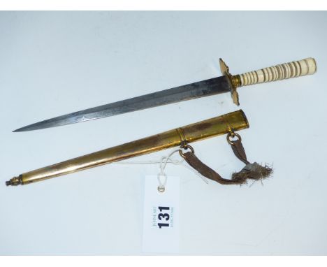 A GEORGIAN NAVAL OFFICER'S DIRK WITH ETCHED BLADE AND IVORY GRIP IN GILT BRASS SCABBARD.