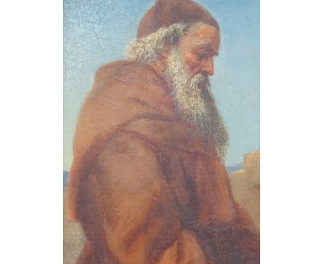 19th.C.ENGLISH SCHOOL.  PORTRAIT OF A MONK, OIL ON BOARD.   23 x 15cms.
