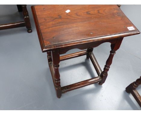A 17th.C.AND LATER OAK JOINT STOOL WITH SHAPED FRIEZE.