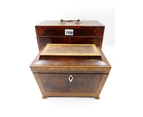 A GEORGIAN INLAID MAHOGANY TEA CADDY WITH CORNER FAN DECORATION, SHAPED APRON AND BRACKET FEET, DATED 1795 TOGETHER WITH A RE