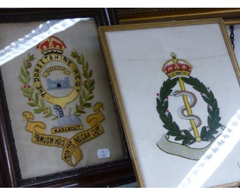 TWO SILKWORK REGIMENTAL PANELS, THE ARMY MEDICAL CORPS,  31 x 24cms TOGETHER WITH THE DORSETSHIRE REGIMENT.