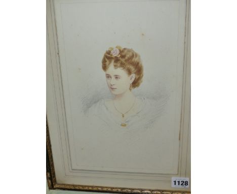 TWO 19th.C.PORTRAITS, ONE OF A SOCIETY BEAUTY IN WATERCOLOUR, SIGNED INDISTINCTLY AND ANOTHER OVAL PORTRAIT IN PENCIL OF A GE