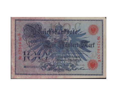 Collectible German Paper Money Reichsbanknote. Face Color: Dark blue on light blue underprint. Face Type: Red serial # and se